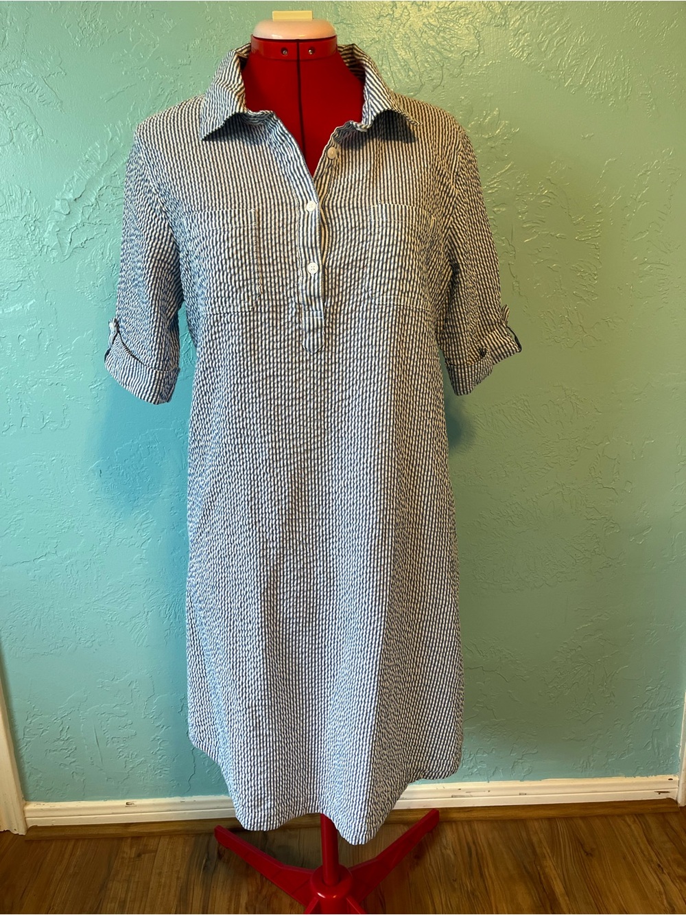 Karen Scott Blue and White Striped Seersucker Shirt Dress